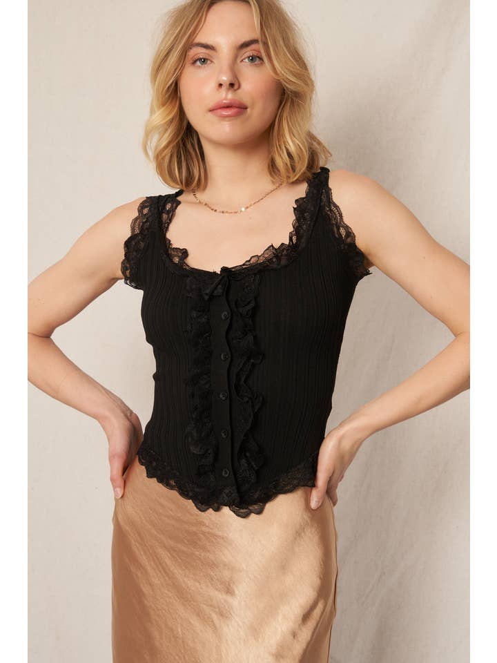 En Crème - Wholesale Button Down Shirt - Women's - Sleeveless Lace Trim Button Down Top