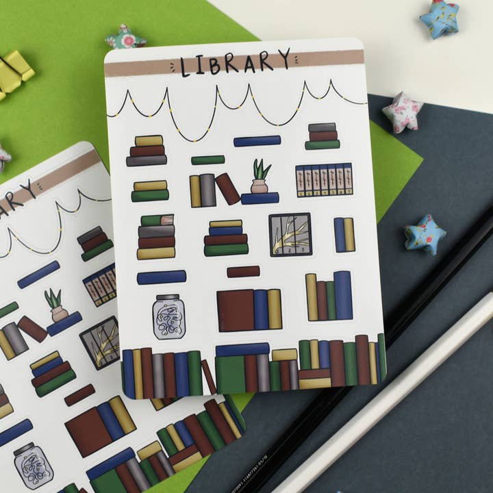 Cozy Library Sticker Sheet for Planners and Journals for wholesale by Kingsfoil and Coffee Designs