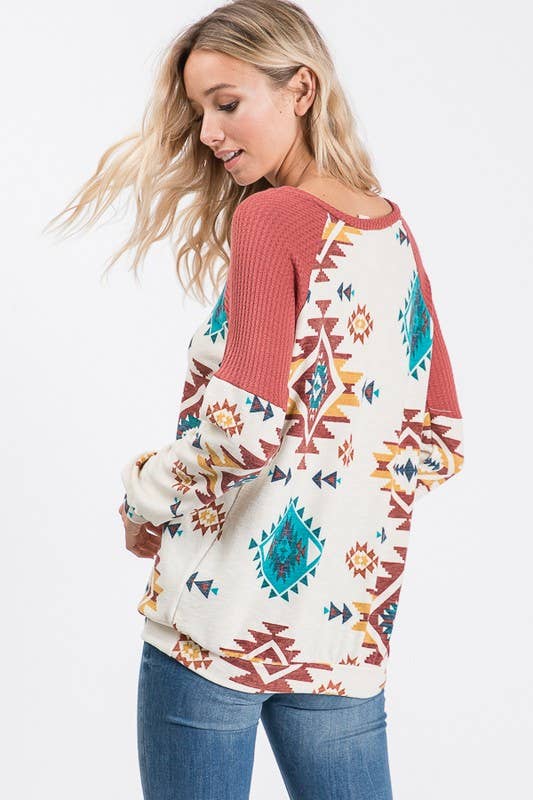 IVORY T8069-SOUTHWESTERN PRINT SWEATER for wholesale on Faire2