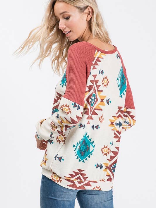 IVORY T8069-SOUTHWESTERN PRINT SWEATER for wholesale on Faire2