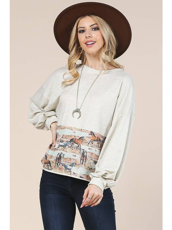 AVENA TOP DE FELPA FRANCESA CON ESTAMPADO DE CABALLOS AV1171-LISA de venta al por mayor en Faire5