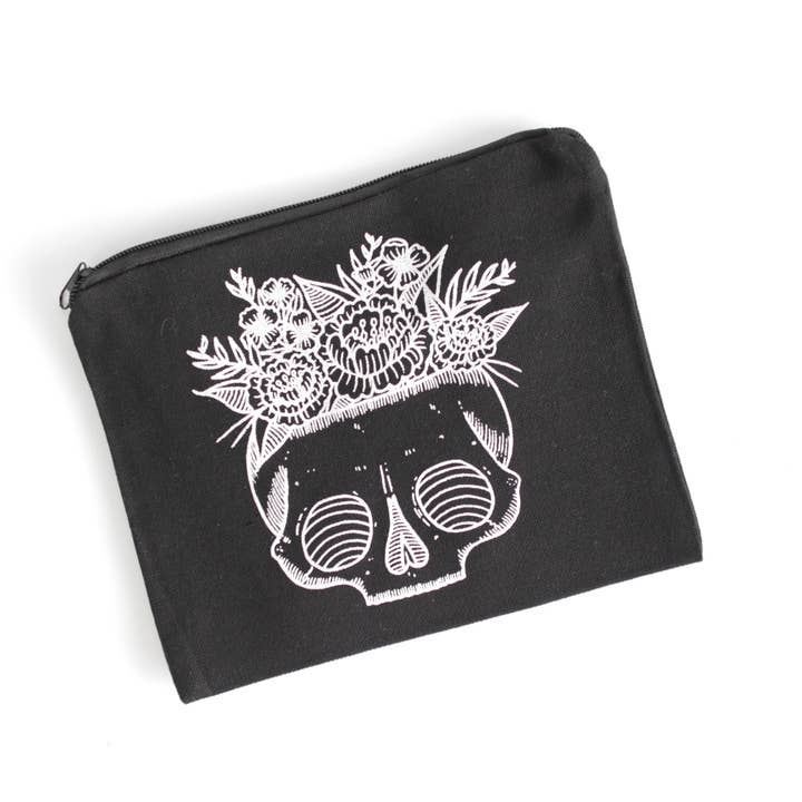 Skull Planter with Flowers Black Canvas Zipper Pouch Bag for wholesale by Electric Little Things