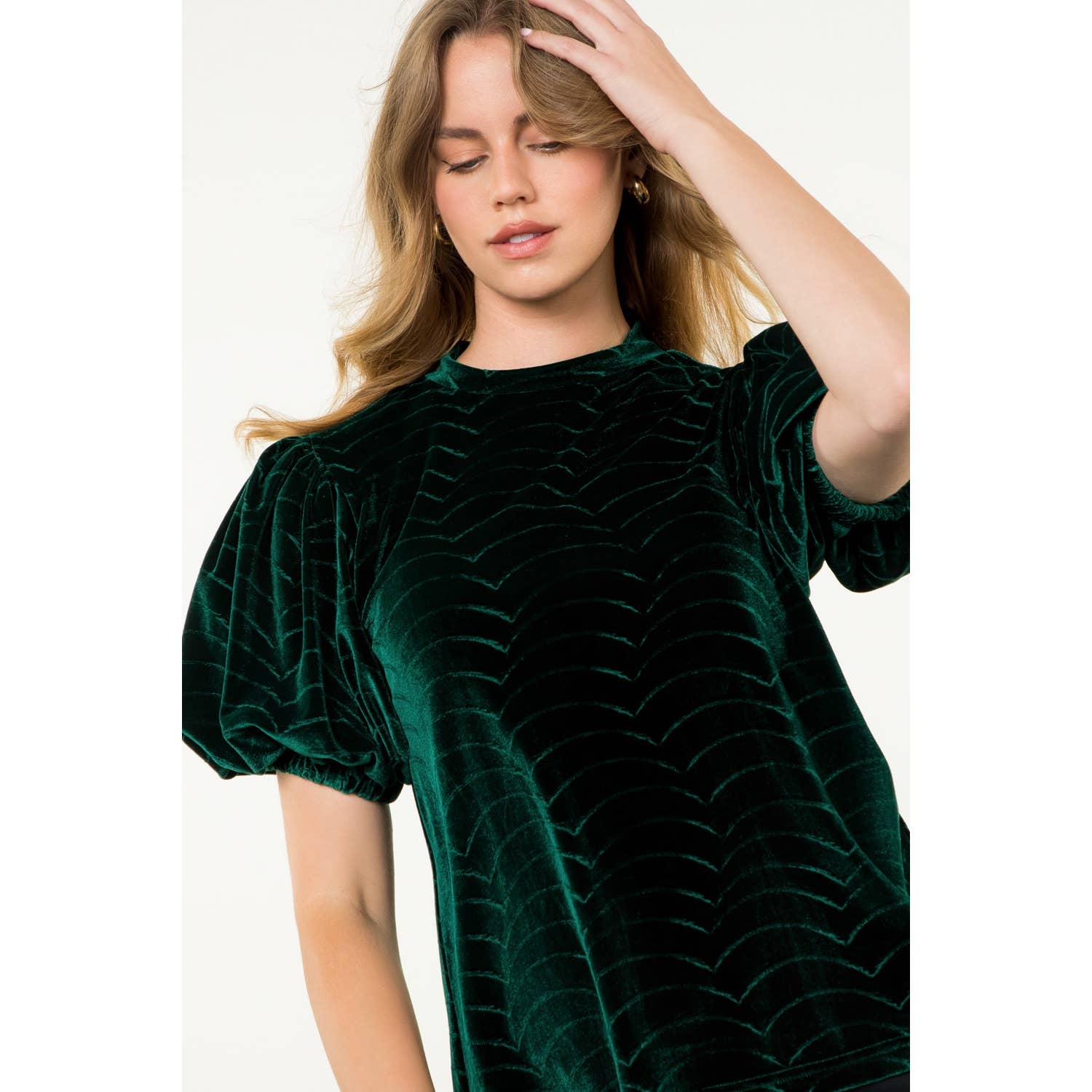 GREEN Puff Sleeve Velvet Top for wholesale on Faire3