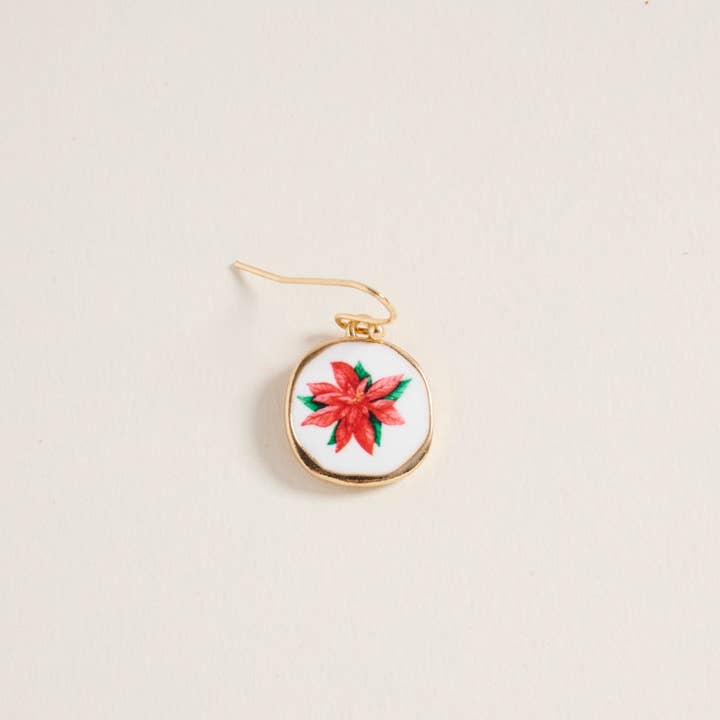 Gold Christmas Poinsettia Enamel Stone Hook Earrings for wholesale on Faire2