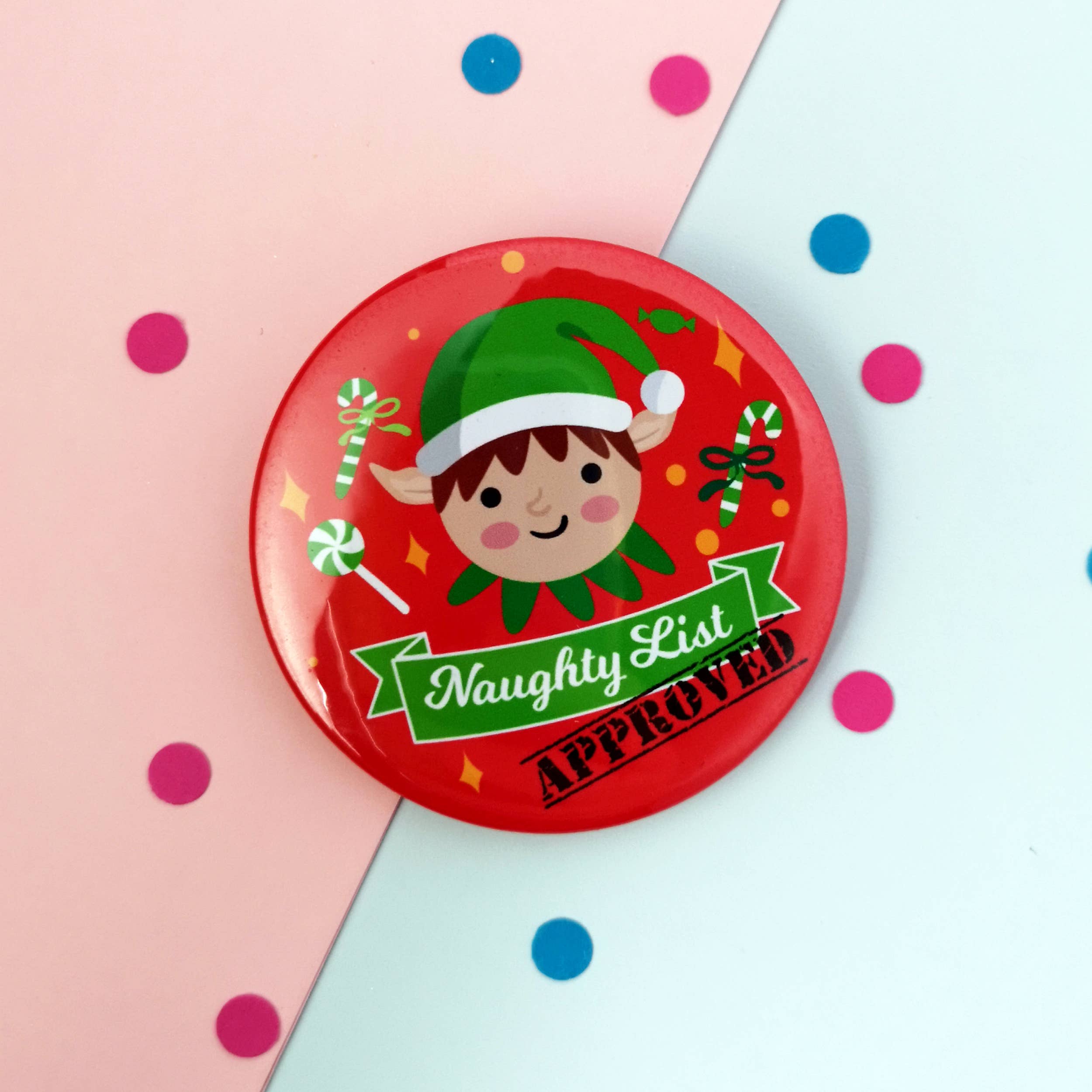 Chibi Chi Designs – wholesale Lapel pin/button – Kids – Large Naughty List Badge - Elf Design 58mm