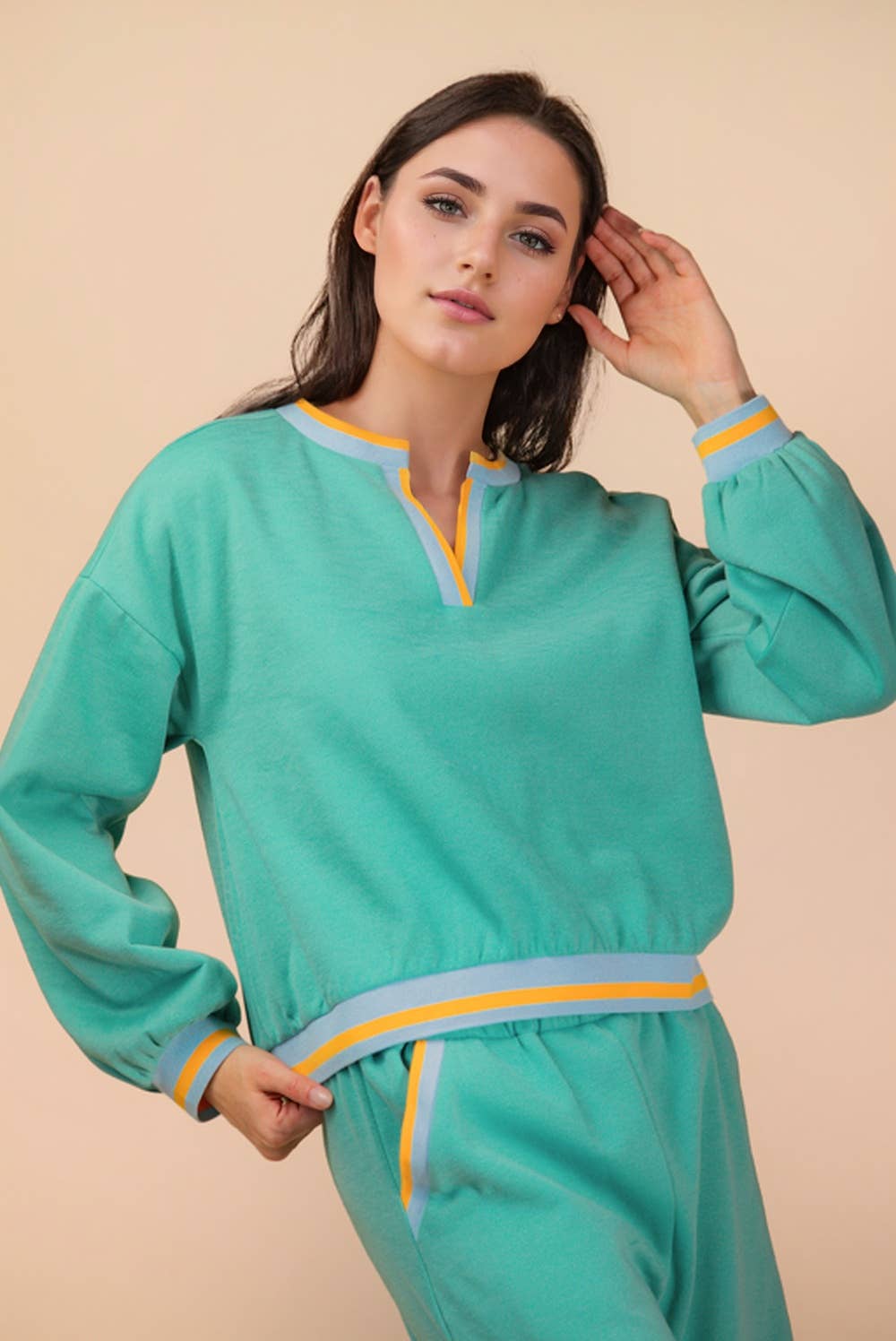 VERY J – wholesale Lounge set – Women's – NT12382SET-Color Block Band Detail Comfy Knit Top & Pants Set2