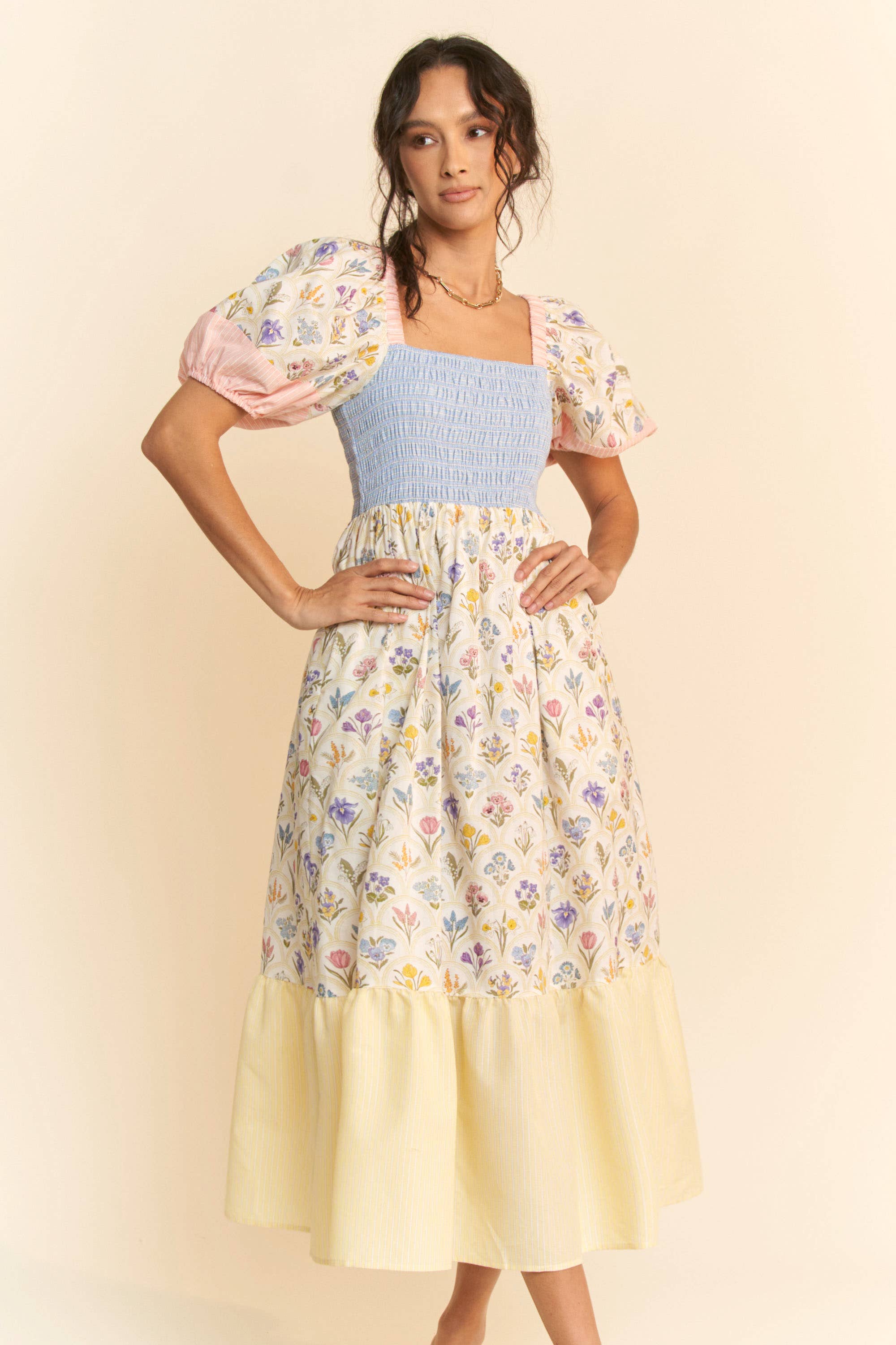 PASTEL YELLOW MULTI FLORAL BOUQUET WALLPAPER PUFF SLEEVE TIERED DRESS for wholesale on Faire