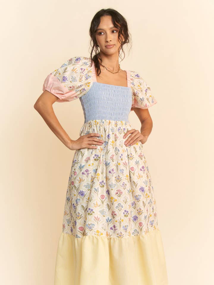 PASTEL YELLOW MULTI FLORAL BOUQUET WALLPAPER PUFF SLEEVE TIERED DRESS for wholesale on Faire0