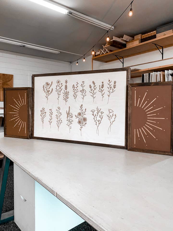Flower And Sunburst Wooden Artwork for wholesale by Birch and Home Handmade