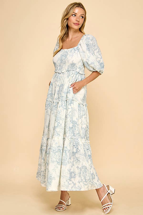 Million Colors - Vendita all'ingrosso Vestito - Donna - Vestito lungo a balze con stampa vintage blu Hattie Puff.2