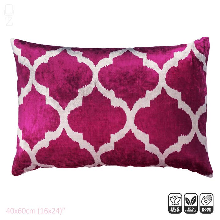 OyzShop - Vendita all'ingrosso Fodera cuscino decorativo - Fodera per cuscino tradizionale in velluto di seta Ikat 100% fucsia