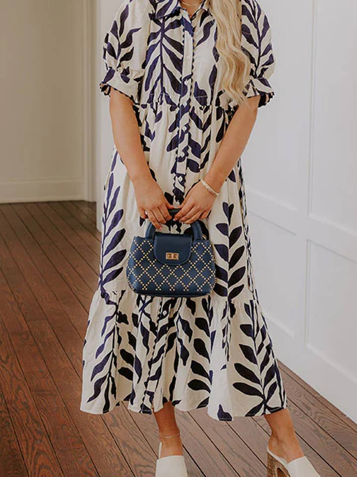 Leafy Botanical Print Side Tie Button Down Maxi Dress for wholesale by fashionworks