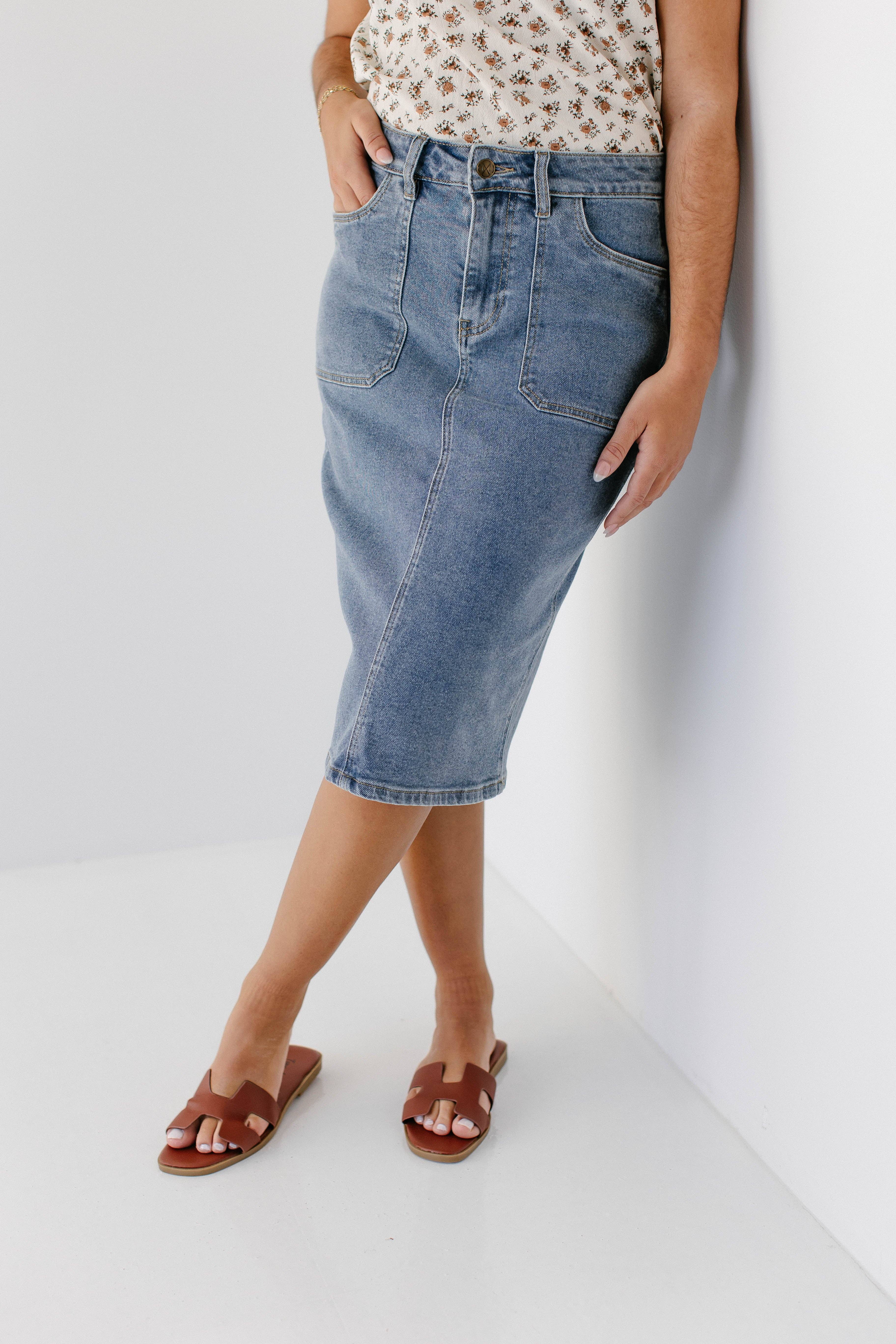 Vintage-Waschung 'Sonya' Jeansrock mit aufgesetzten Taschen und Stretch für den Großhandel auf Faire10