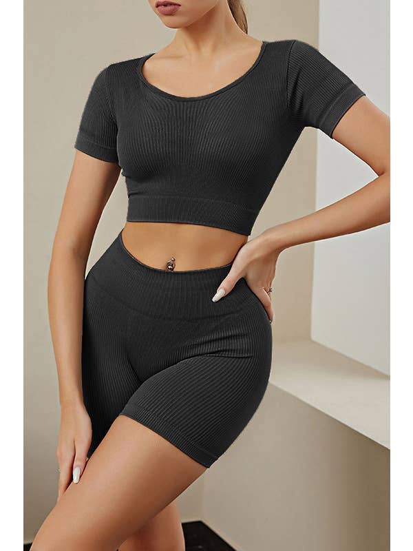 Color 5 - Wholesale Activewear Set - Women's - Seamless ribbed crop basic top w/hot mini shorts active set