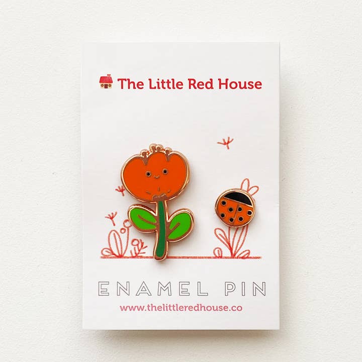 Flower and Lady Bug Gold Plating Enamel Pin Set for wholesale by The Little Red House