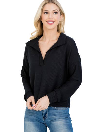 Black Tailored Collar V-Neck Cuffed Ribbed Top - Pack of 6 for wholesale by Apparel Candy