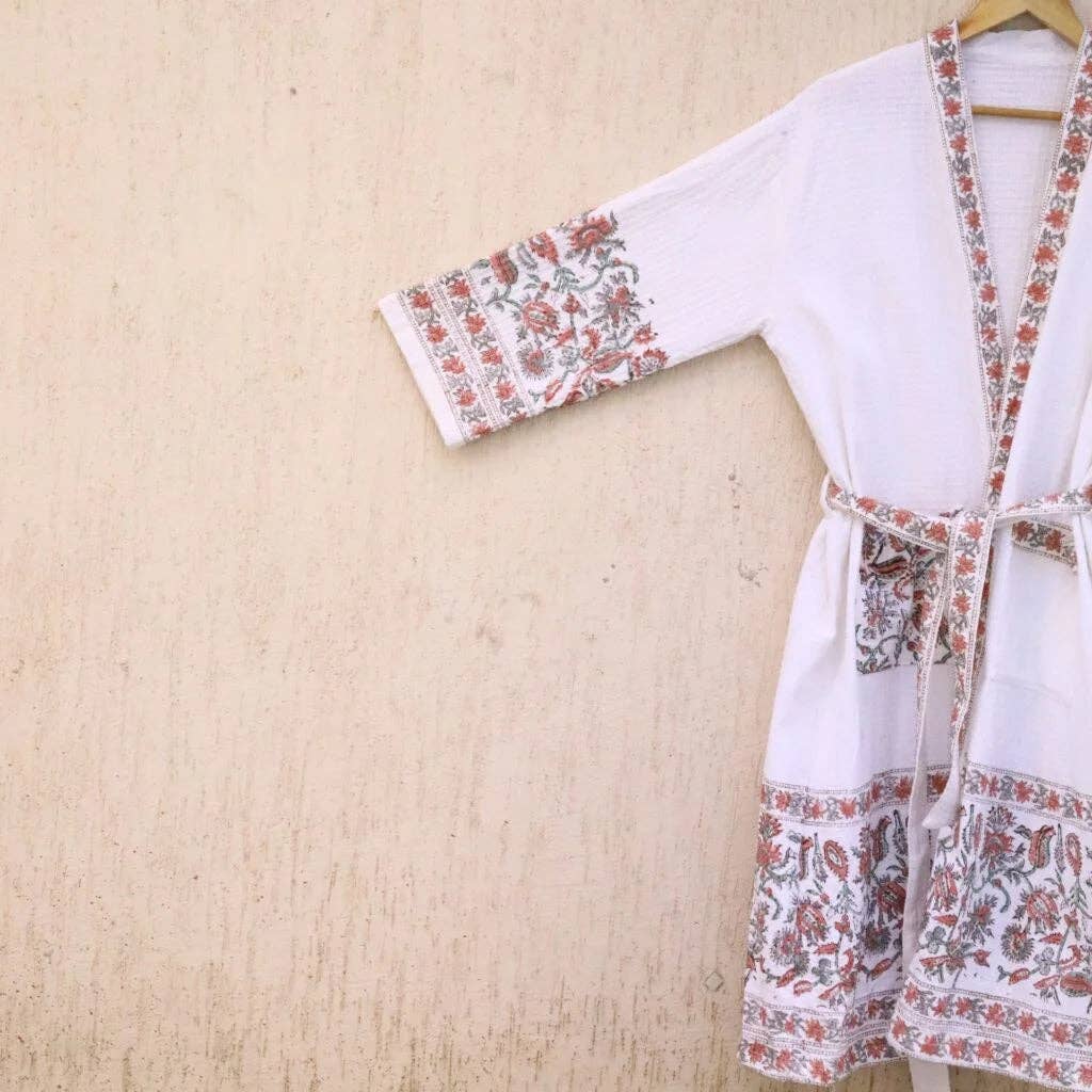 Draped In Heritage - Wholesale Robe - Women's - Red Grey Florals Hand Block Printed Cotton Waffle Bathrobe8