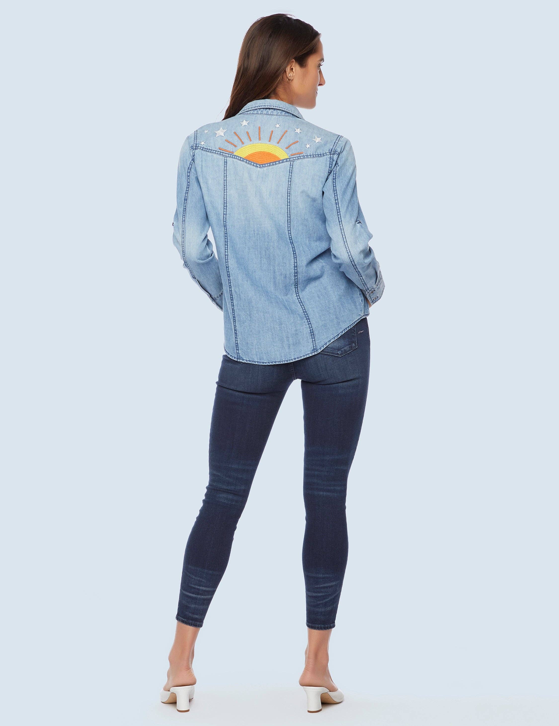 Washed Blue Hello Sunshine Shirt - Sunrise Embroidery for wholesale on Faire1
