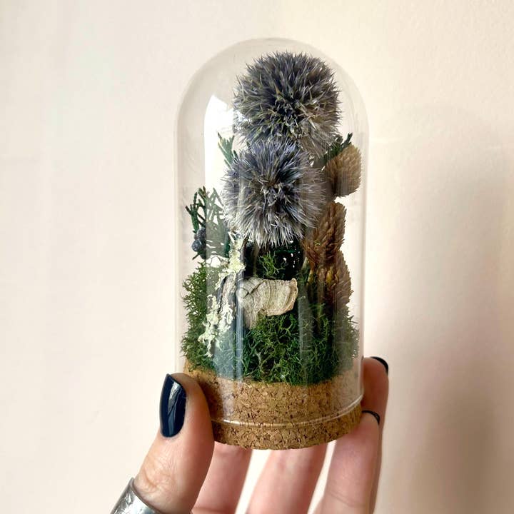 Large Botanical Glass Terrarium Jar w. Blue Dried Florals for wholesale by CA Studios