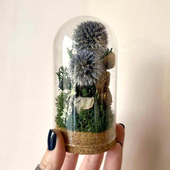 Large Botanical Glass Terrarium Jar w. Blue Dried Florals for wholesale by CA Studios