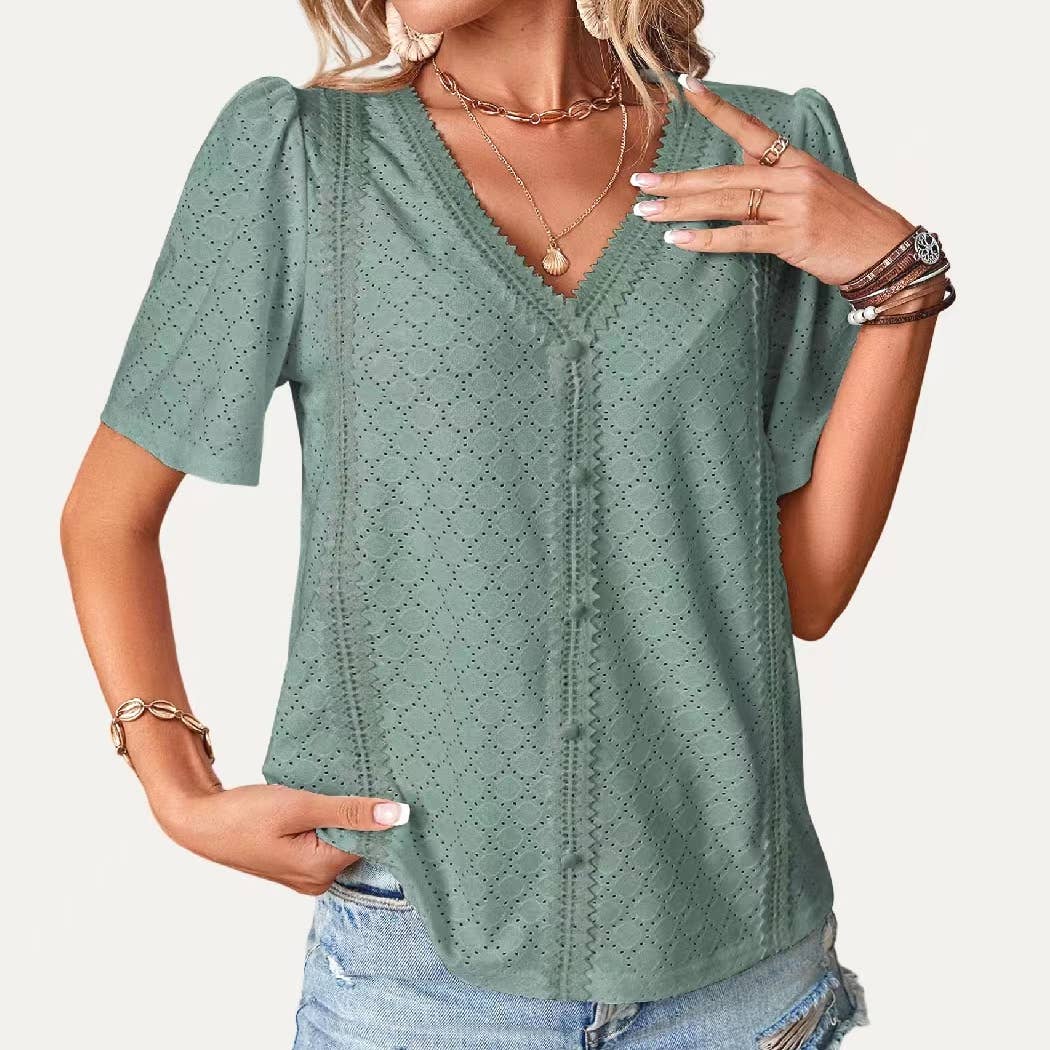 The Moment Collection - Wholesale Blouse - Women's - On-Trend Sheer V Neck Pierced Pointelle Short Sleeve Top0