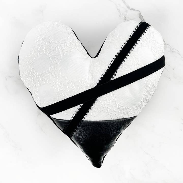Black and White Heart Pillow with Leather Panel for wholesale by Sumie Tachibana