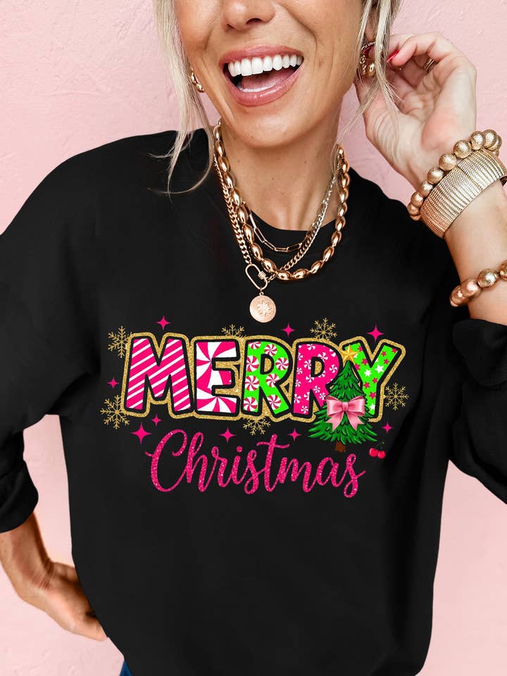 Black MERRY Christmas Playful Letter Print Drop Shoulder Sweatshirt for wholesale by Suhkasana