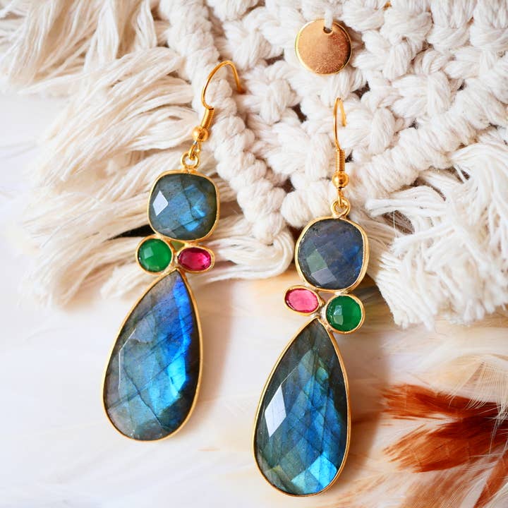 GINANDGER - Wholesale Dangle Earrings - VANA Earrings – Labradorite, Green Onyx & Pink Tourmaline2