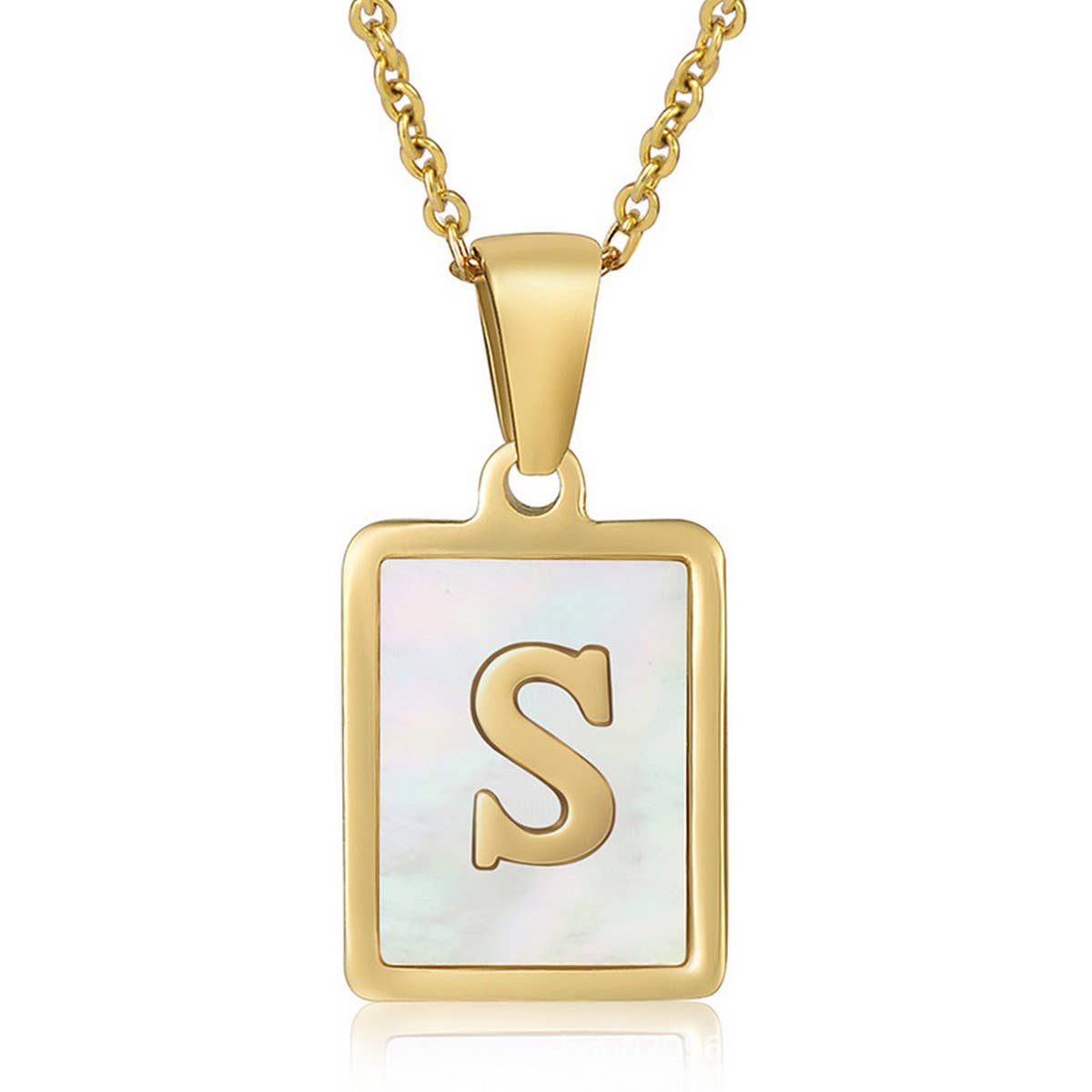 NINEXIS - Wholesale Pendant/Charm Necklace - CWAJE1917_Square Stainless Steel White Shell Letter Necklace19