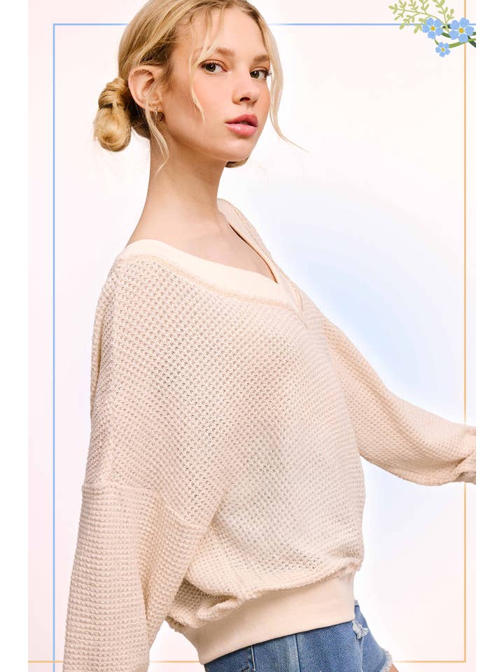 La Miel - Wholesale Knit Top - Women's - JLT7410-Loose Fit V-neck Waffle Textured Long Sleeve Top