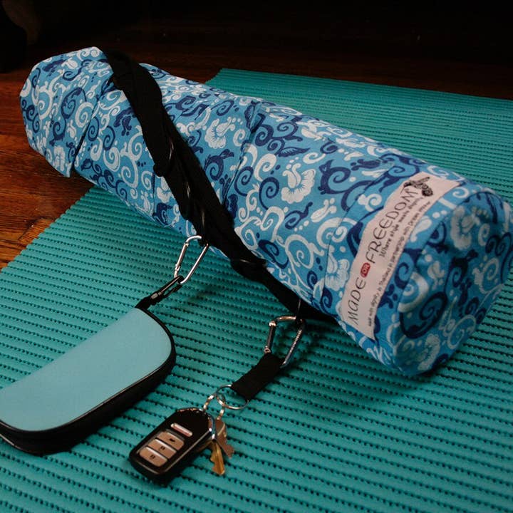Yoga Mat Bag in Blue Floral Scroll Print for wholesale by Made for Freedom