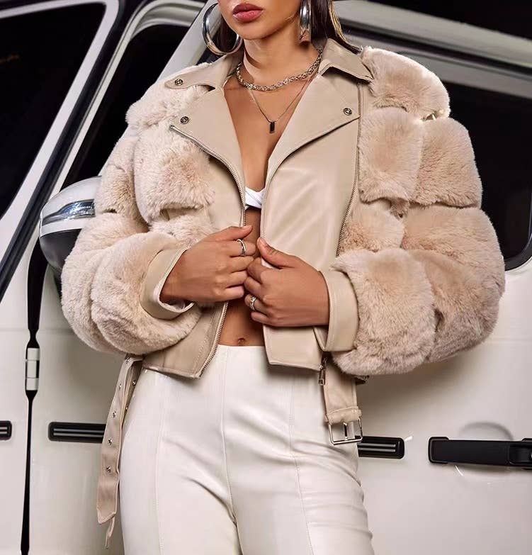 Productseeker - Wholesale Leather Jacket - Women's - JK076 Faux Fur & Plaid PU Leather Jacket - Women’s Fashion1