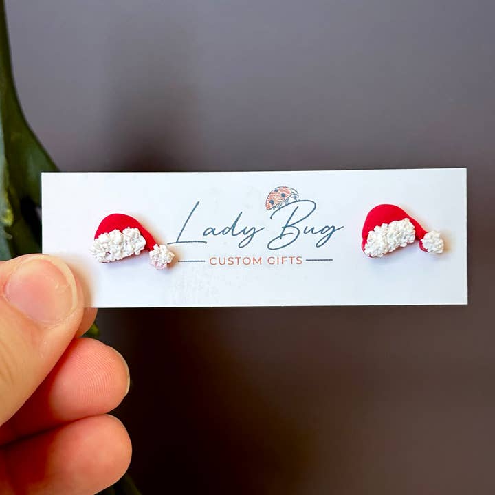 Santa Hat Stud Earrings – Christmas Clay Holiday Jewelry for wholesale by Lady Bug Custom Gifts