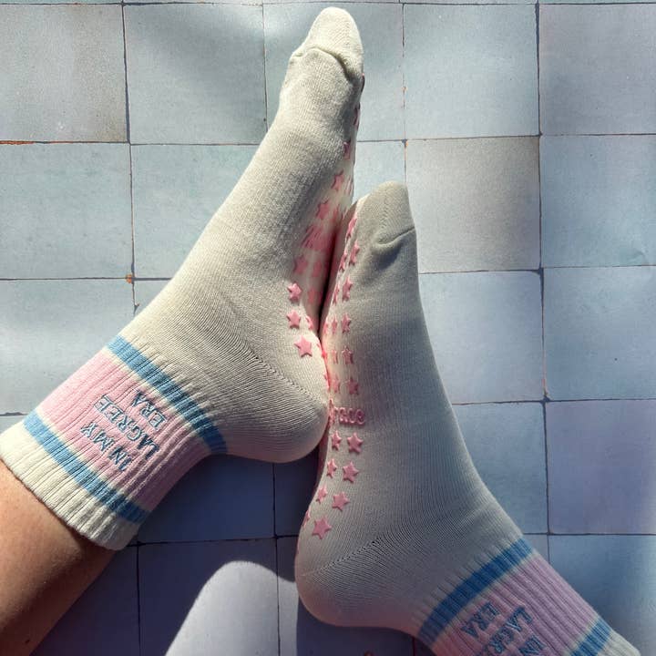 IN MY LAGREE ERA retro pink and light blue grip sock for wholesale by MollyGraceGripSocks
