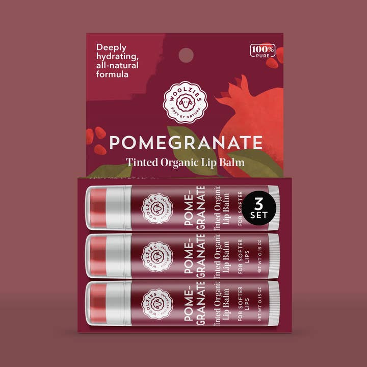 Pomegranate Tinted Lip Balm Set of 3 for wholesale by Woolzies
