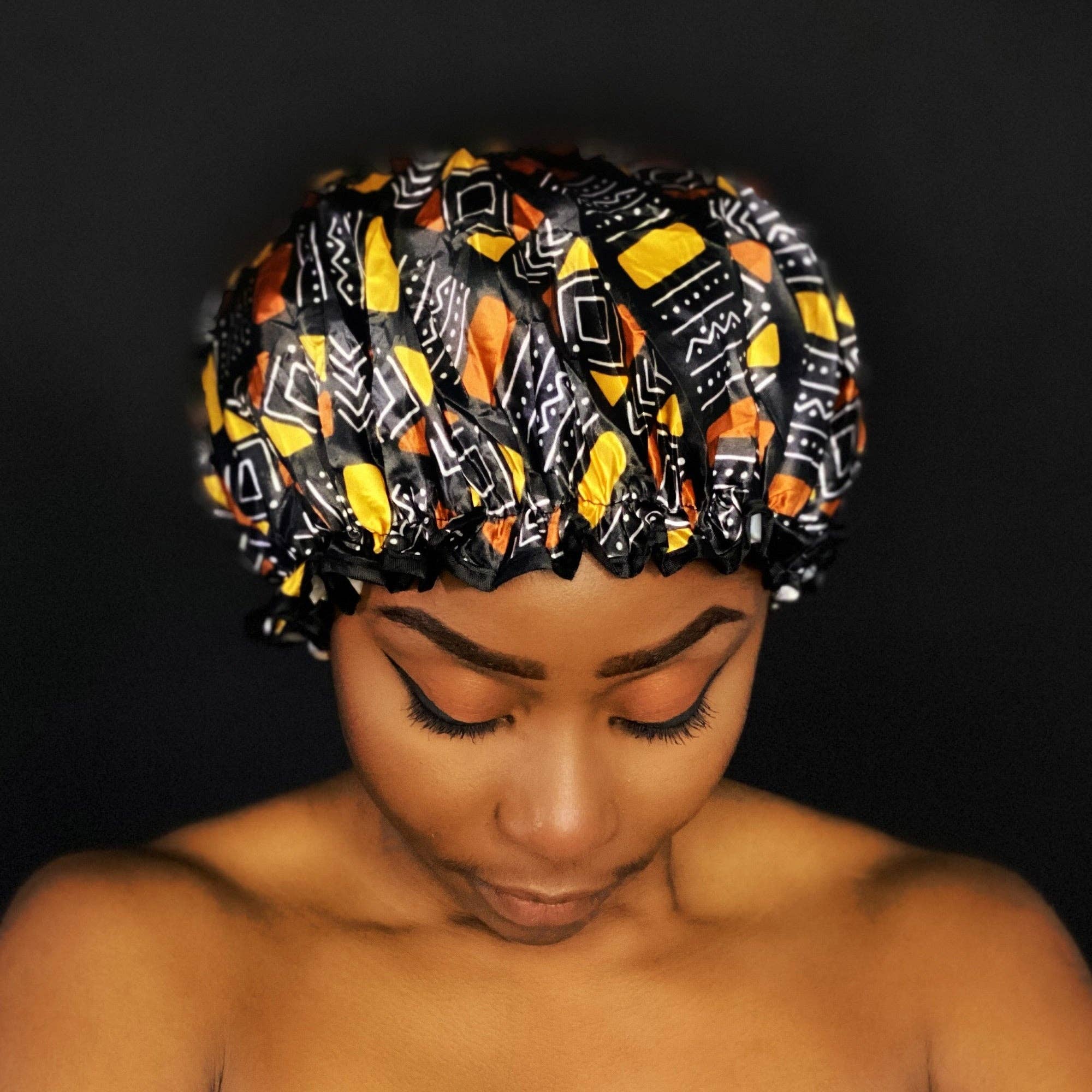 AfricanFabs - Wholesale Showercap - LARGE Shower cap for full hair / curls - African print Brown / beige bogolan1