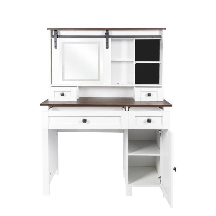 White Walnut Farmhouse Makeup Vanity with Mirror and Lights, 41.73" Wide Vanity Desk, Vanity Table with 4 Drawers and 1 Cabinet, 3 Color Modes, Dressing Table for Bedroom for wholesale on Faire