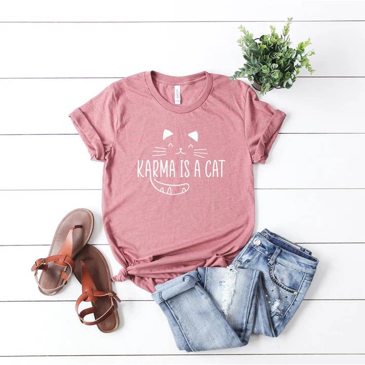 KM Clothing - Wholesale Screen Printed T-Shirt - Women's - Karma Is a Cat T-Shirt, Cat Mom Shirt, Cat Lover Tee
