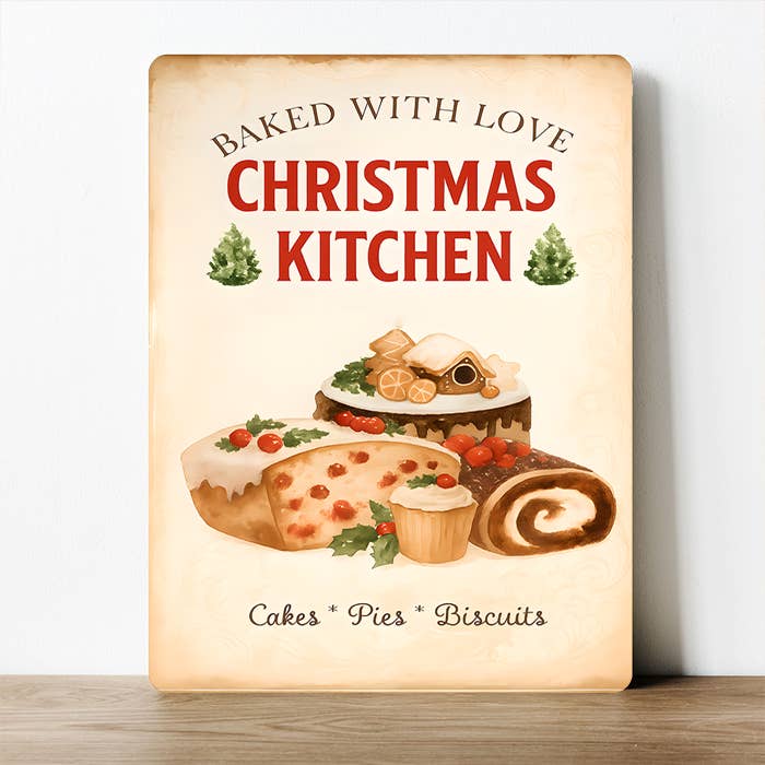 Baked with Love Christmas Kitchen Cakes and Pies Metal Sign for wholesale by The British Metal Signs Company