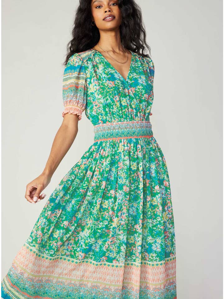 Green Multi Floral Border Print Surplice Midi Dress for wholesale on Faire4