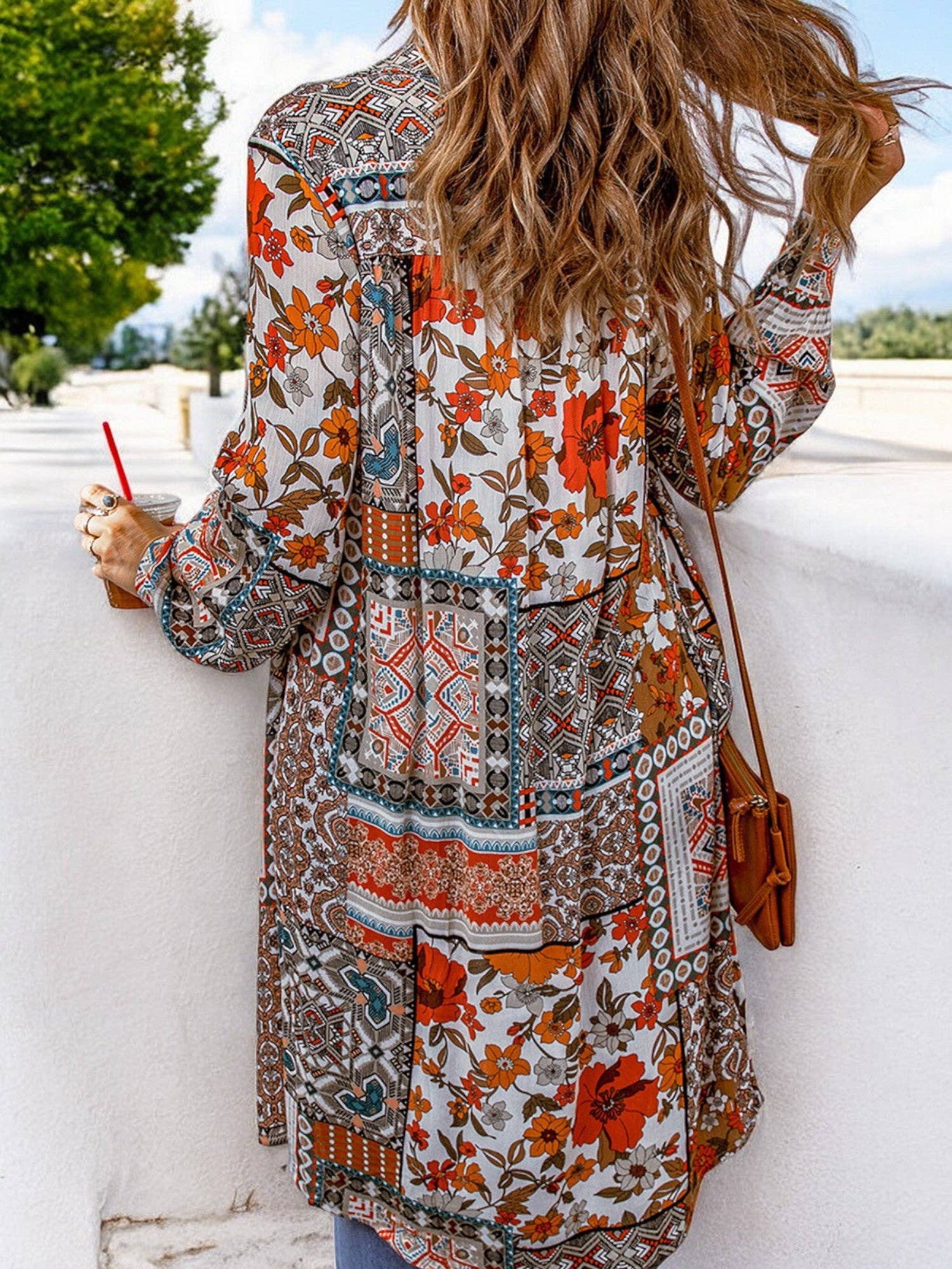 Rustic Red Bohemian Long Sleeve Patchwork Kimono Cardigan for wholesale on Faire3