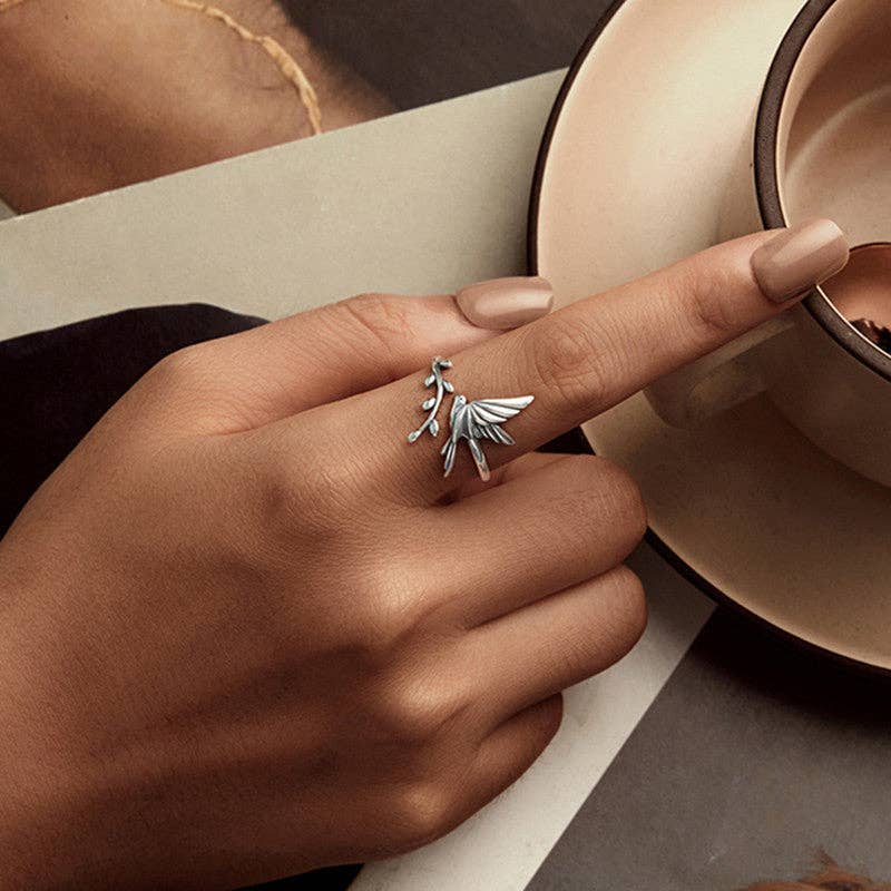 Perimade & Co. LLC – wholesale Band/stacked ring – Bird Tree Leaf Branch Bypass Ring in 925 Sterling Silver1