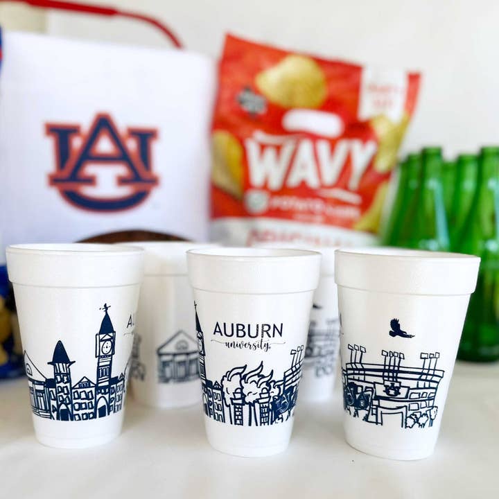 Two Funny Girls - Wholesale Disposable Cup - Foam Cup 10 Pack {Auburn University Skyline-Auburn Alabama}1