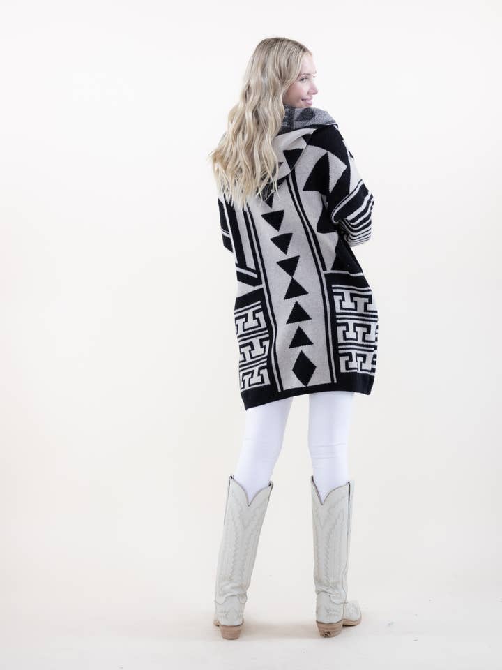 Original USA - Vente Cardigan – femme - Cardigan à capuche géométrique confortable et surdimensionné3