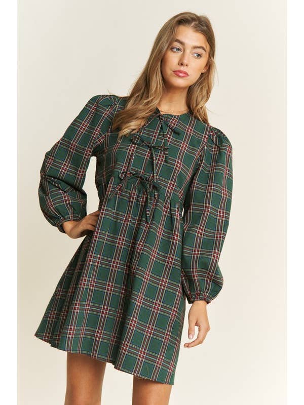 Pink Irene Wholesale - Wholesale Dress - Women's - SOFT PLAID WOVEN FABRIC BABYDOLL BOW MINI DRESS3