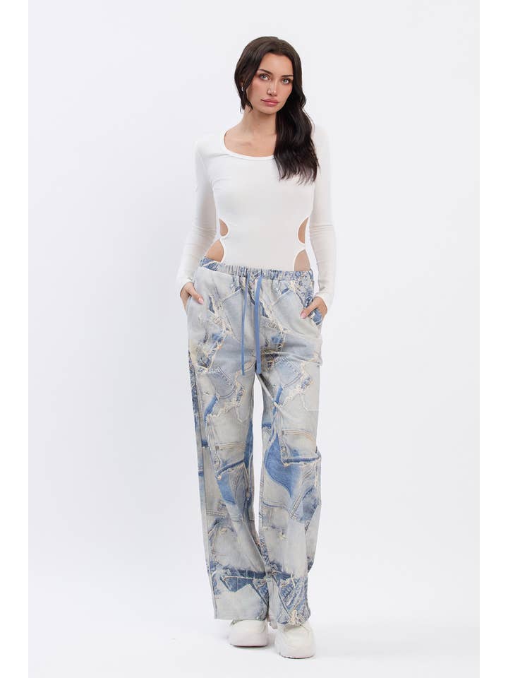 No Vacancy - Wholesale Pants - Women's - Denim print wide legged pants w/ drawstring14
