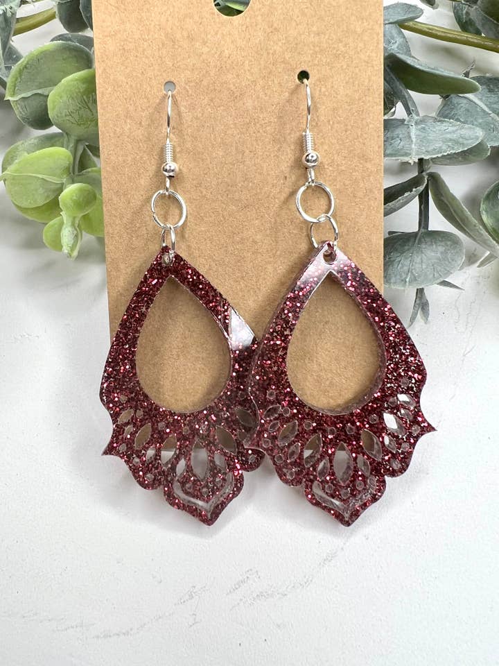 Burgundy Western Lace Acrylic Glitter Earrings for wholesale by Lindsey Lane Wholesale