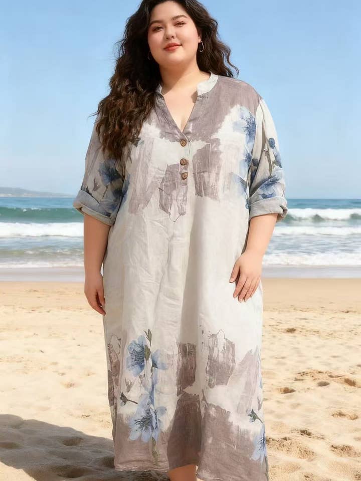 Lea & Luc - Grandes Tailles - Wholesale Jurk - Dames - Jurk met bloemenprint van 100% linnen REF. 7223012