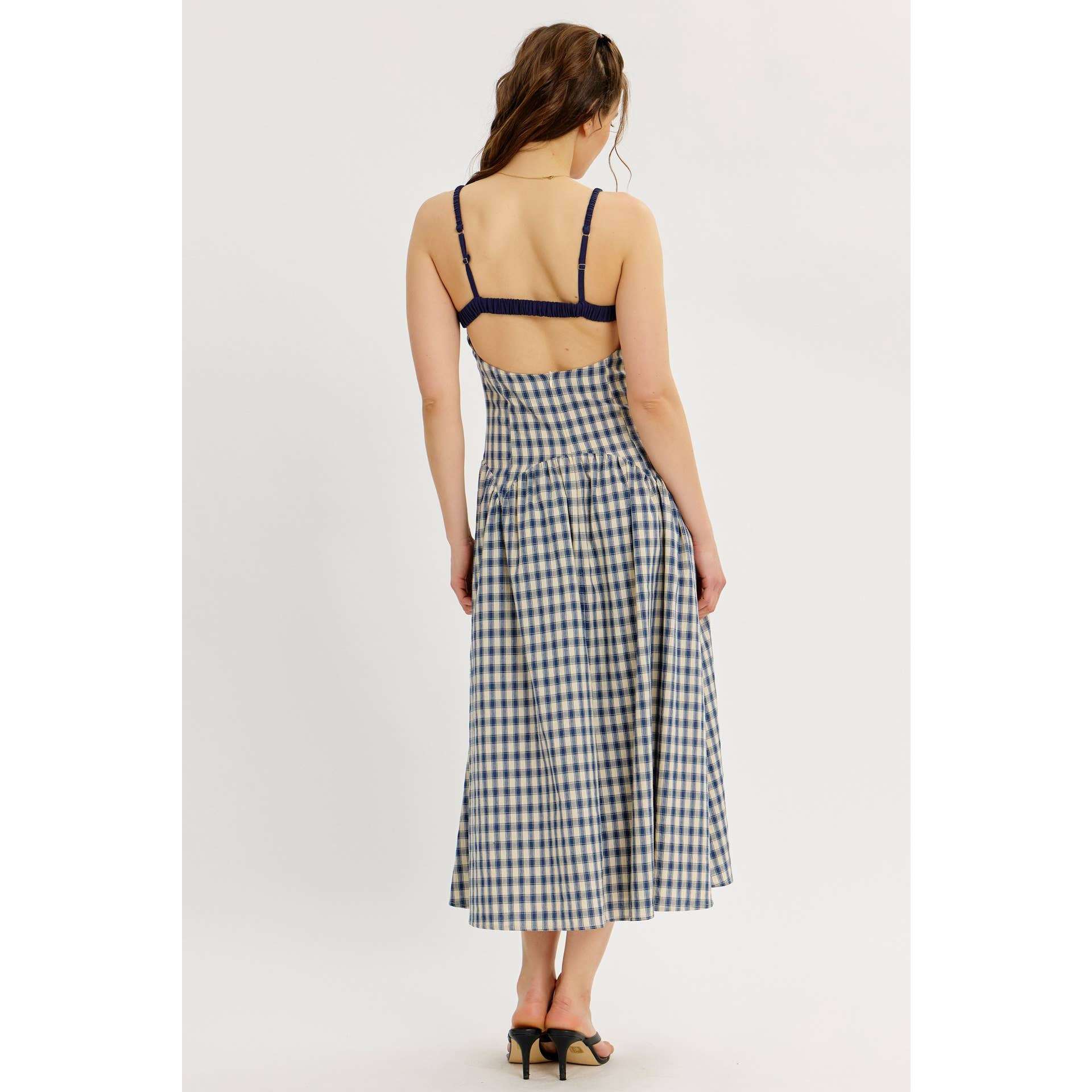 idem ditto - Wholesale Dress - Women's - PLAID MIDI DRESS WITH RUCHED BUST AND OPEN BACK5