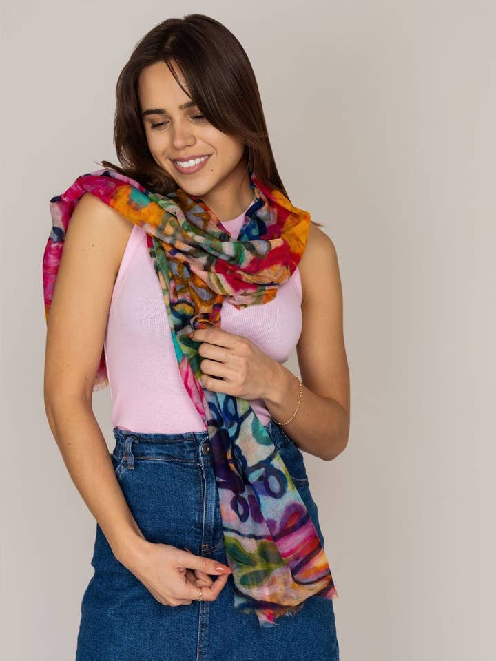 Fleur Hand Printed Wool Silk Scarf, Floral Print (70x180cm) for wholesale by DLUX Scarves